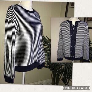 Halogen Navy Stripe Lace Up Back Long Sleeve Top M
